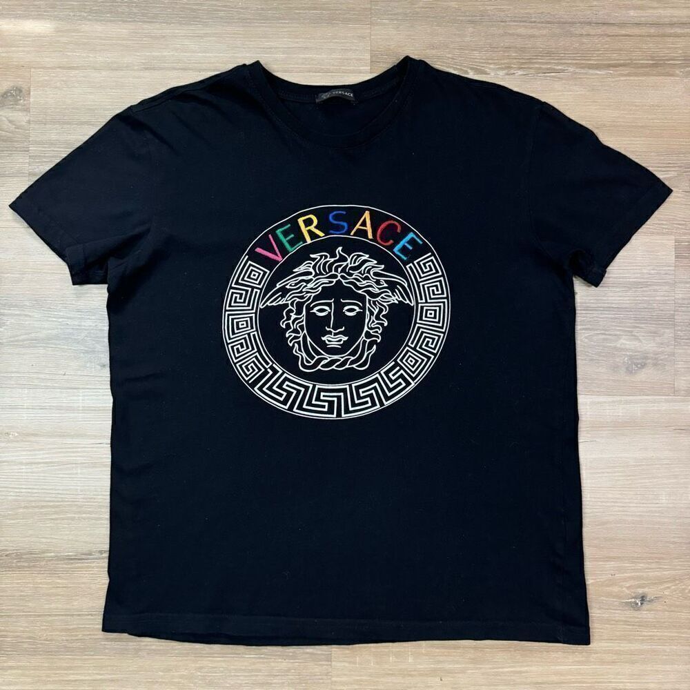 Versace Men's L Rainbow Embroidered Logo Medusa Signature Graphic Tee Black